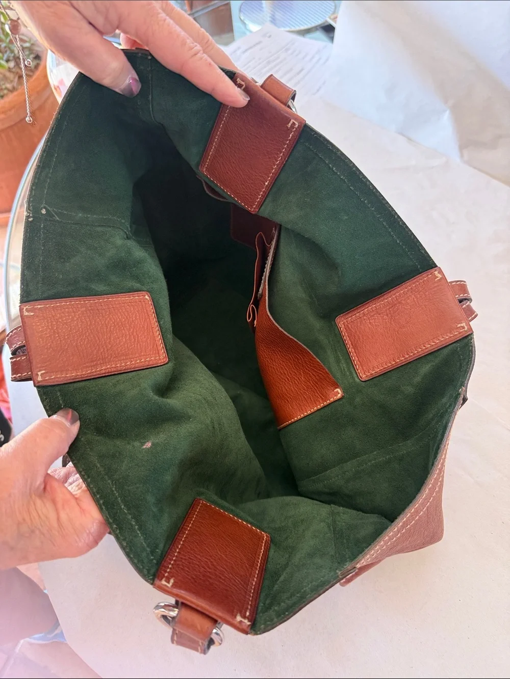 Ralph Lauren Leather Handbag in Terracotta and Forest Green Suede